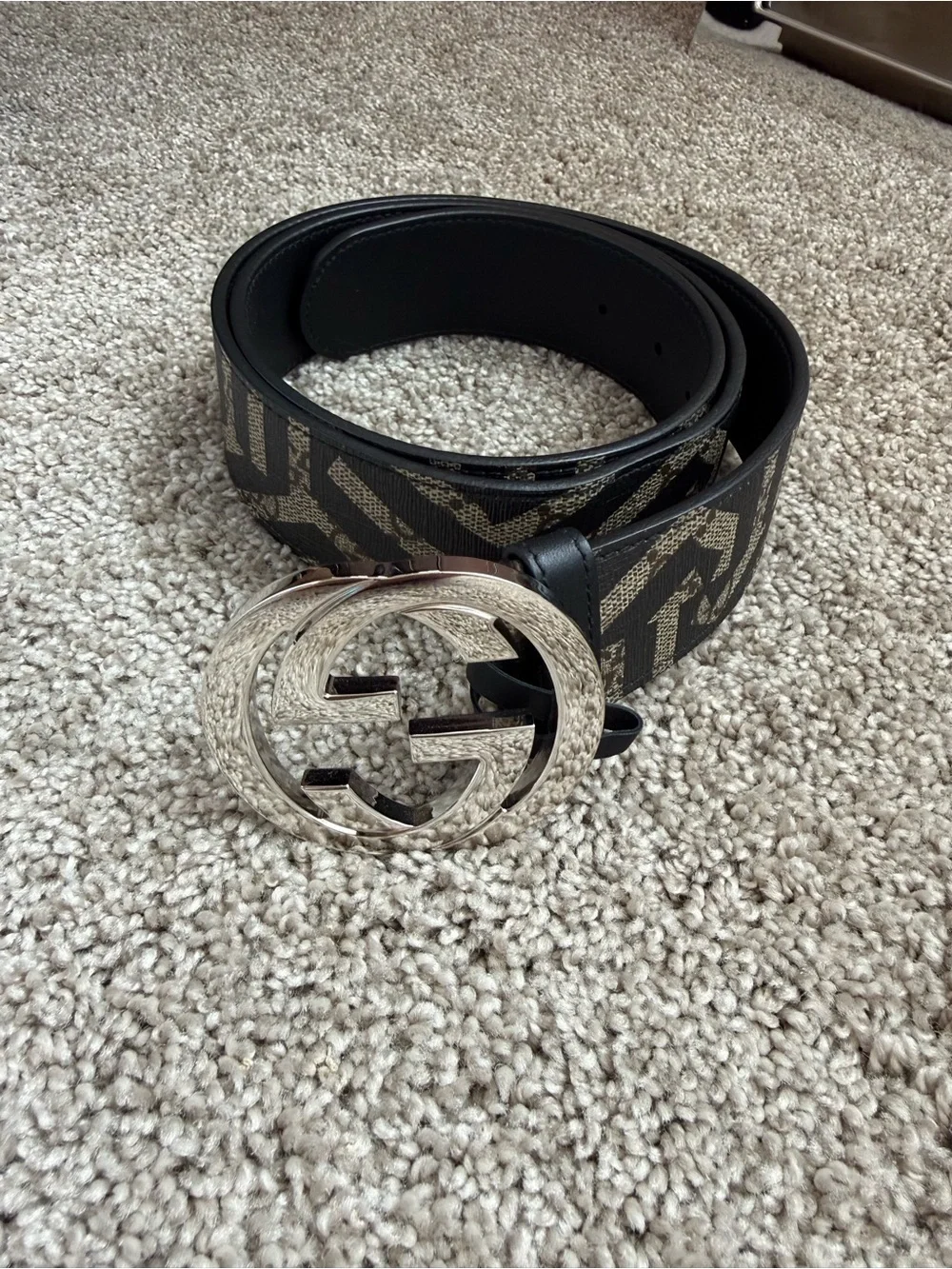 Gucci Black and Beige Monogram GG Leather Belt with Silver Interlocking Buckle